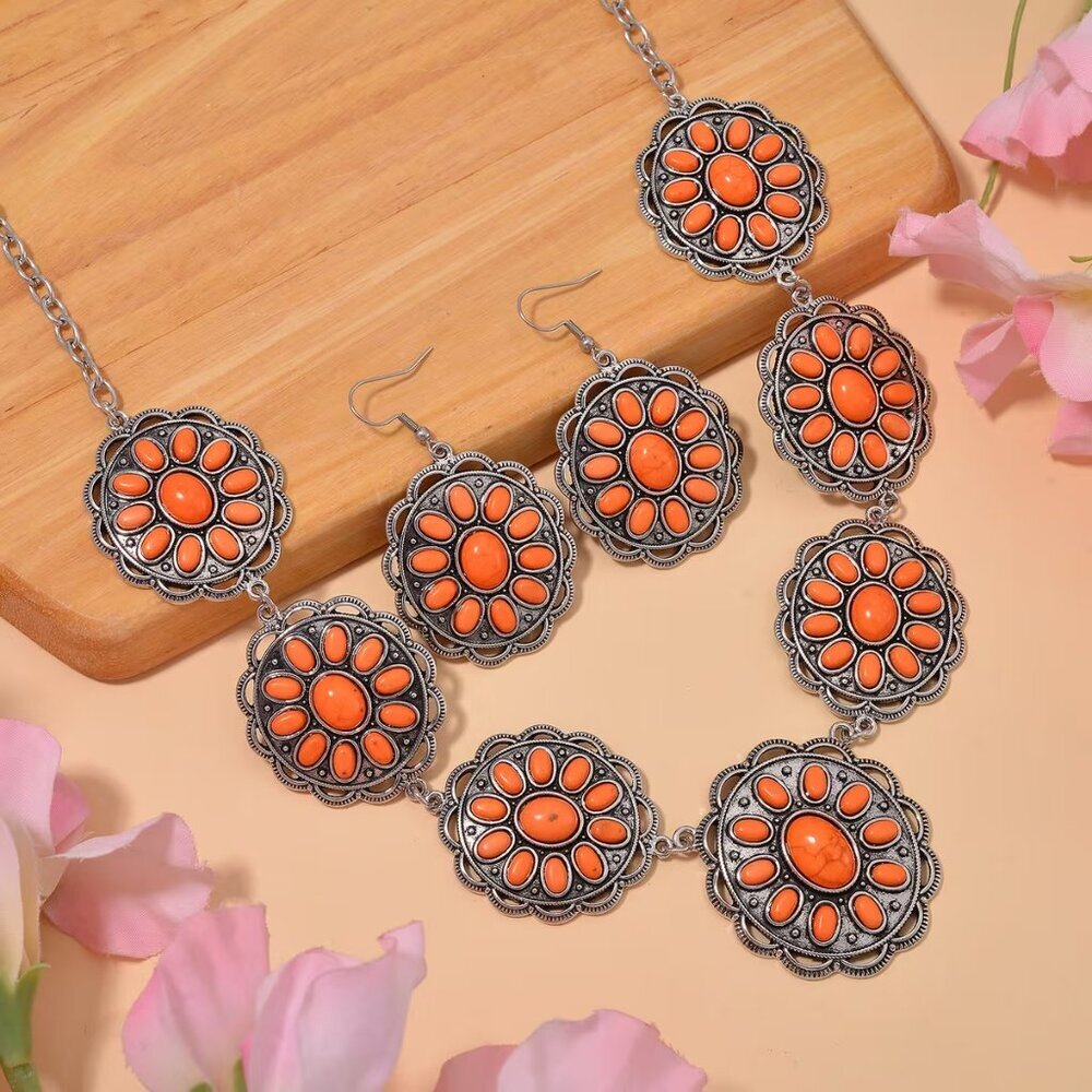 Orange Howlite Earrings and Necklace Stainless Steel 2 Piece Set